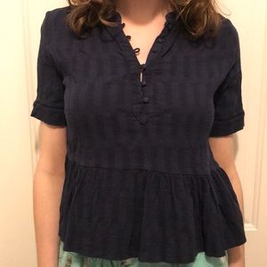 Navy Linen Cropped Peplum Blouse